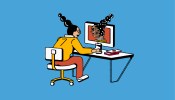 Illustration of a person looking at a digital version of themself on a computer screen.