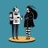 Illustration of a robot talking to a person.