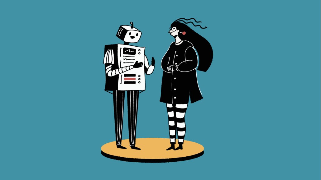Illustration of a robot talking to a person.