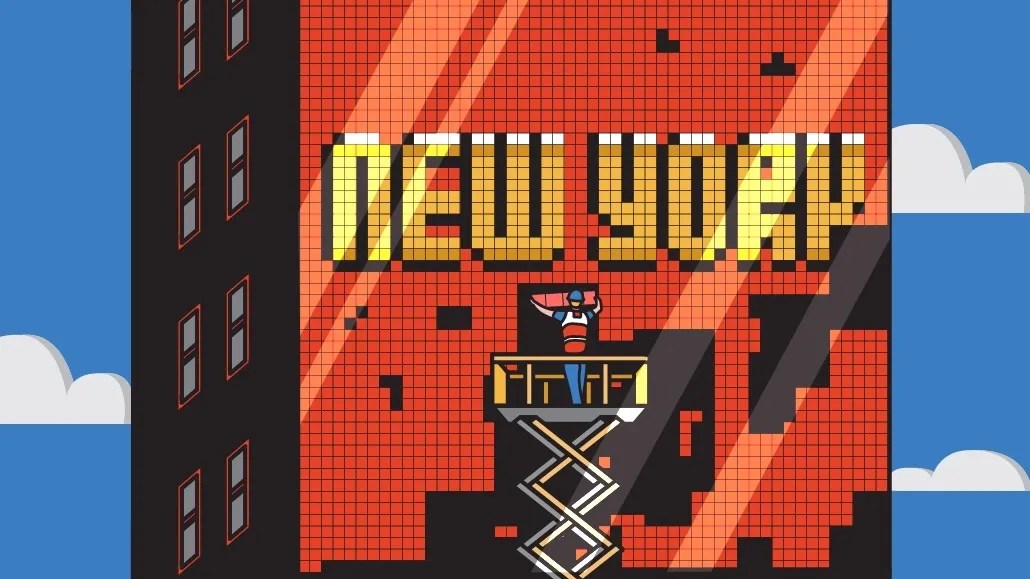 Illustration of a worker installing a digital billboard in New York, symbolizing premium DOOH placements secured through programmatic guaranteed advertising.